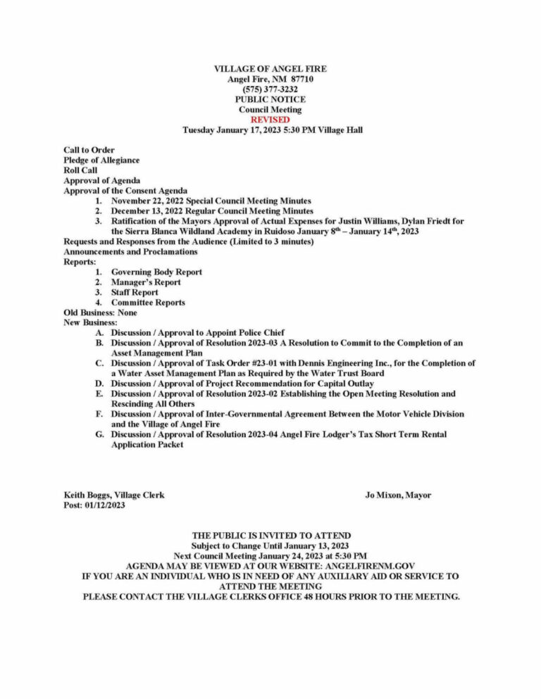 Village Of Angel Fire Council Meeting Angel Fire, New Mexico